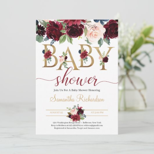 Blozend bordeauxrood en marineblauw bloemendesign kaart (Staand voorkant)