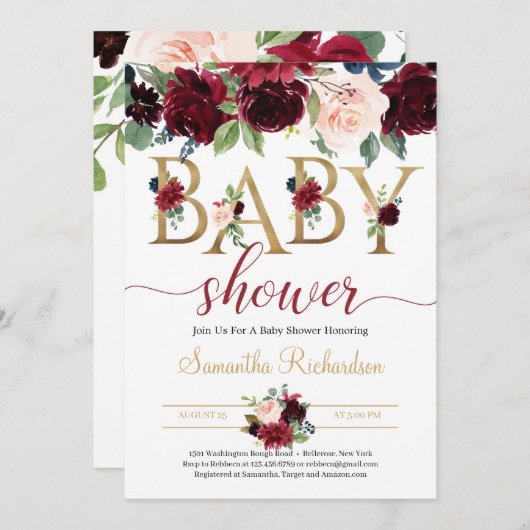 Blozend bordeauxrood en marineblauw bloemendesign kaart (Voorkant / Achterkant)