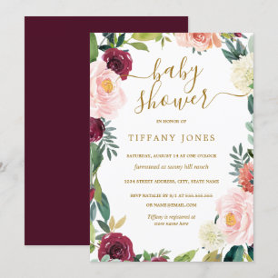 Blozend Bourgondië Gouden Bloemige Baby Shower Uit Kaart
