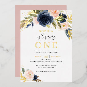 Blozend Navy Bloemen Meisje 1e Verjaardag Goud Folie Uitnodiging