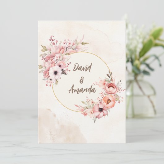 Blozend Roze Aquarel Bloemige Bruiloft Kaart (Staand voorkant)