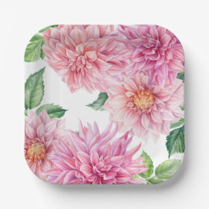 Blozend Roze Aquarel Dahlia Bloemenpatroon Papieren Bordje