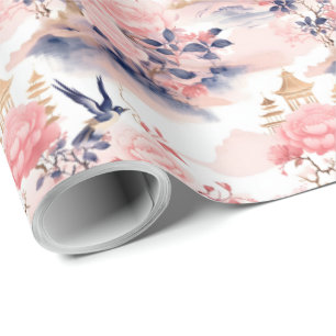 Blozend Roze Aziatische Huis Bloemstuk Cadeaupapier