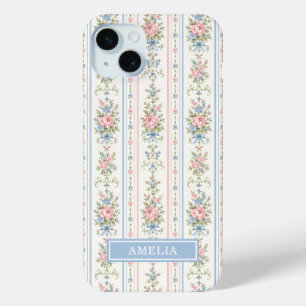 Blozend Roze Blau Aquarel Bloem Streep iPhone 15 Mini Hoesje