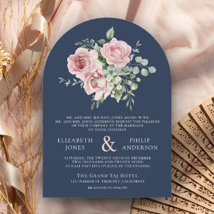 Blozend Roze Bloemig Eucalyptus Marineblauw Trouwe Kaart