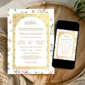 Blozend Roze Bloemig Goud Patroon Moslim Bruiloft Kaart