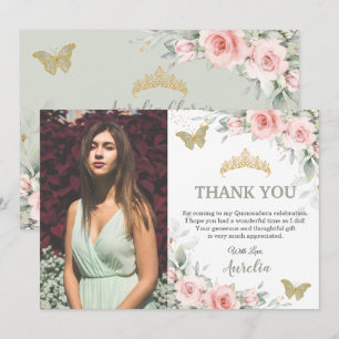 Blozend Roze Bloemig Saliegroen Quinceañera Foto Bedankkaart