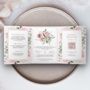 Blozend Roze Bloemige Eucalyptus All-in-One Trouwf Drieluik Uitnodiging
