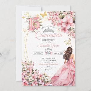 Blozend Roze Bloemige Gouden Vlinders Quinceañera Kaart