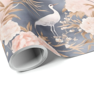 Blozend Roze Grijs Aziatisch Bloemenvogel Cadeaupapier