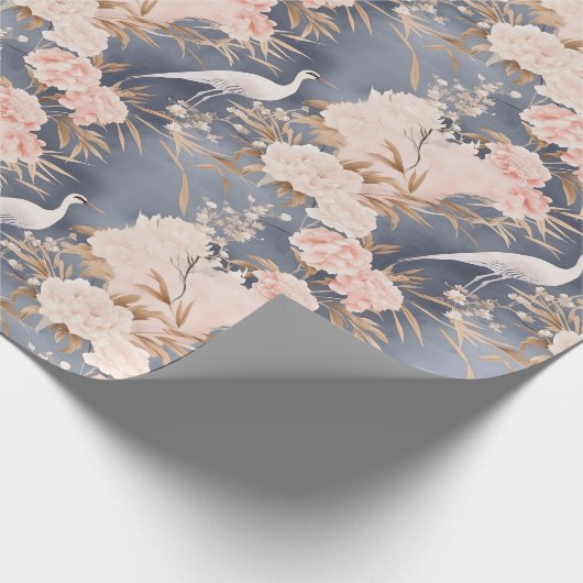 Blozend Roze Grijs Aziatische Bloem Vogel Cadeaupapier (Hoek)