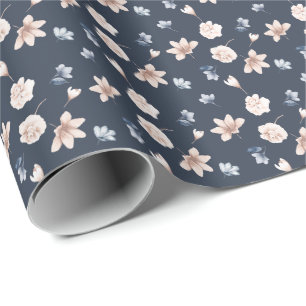Blozend Roze Marineblauw Bloemmotief Cadeaupapier