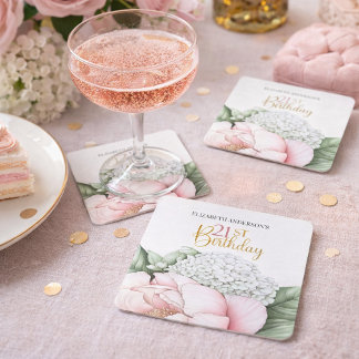 Blozend Roze Pioen Bloem 21e Verjaardag Vierkante Kartonnen Onderzetter