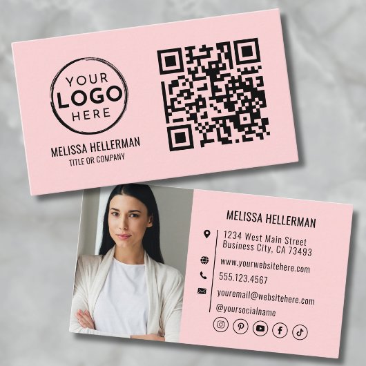 Blozend Roze QR Code Modern Professioneel Fotologo Visitekaartje