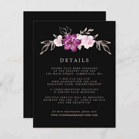 Blozend Roze Roos Paars GoudHuwelijksgast Details Informatiekaartje (Voorkant / Achterkant)