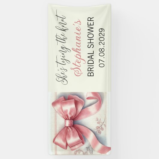 Blozend Roze Strik Zij knoopt de knoop Bruidsfeest Spandoek (Verticaal)