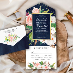 Blozend Roze Witte Magnolia Bloemige Navy Blauwe T All In One Uitnodiging