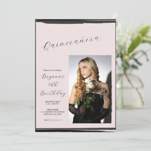 Blozend Roze & Zwart Foto Trendy Moderne Quinceañe Kaart