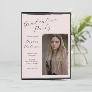 Blozend Roze & Zwarte Foto Trendy Afstudeerfeest Kaart