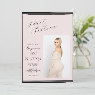 Blozend Roze & Zwarte Foto Trendy Moderne Sweet 16 Kaart