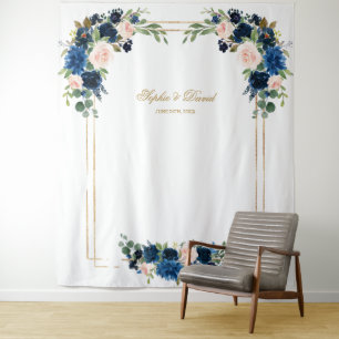 Blozende Blauwe Bloem Gouden Bruiloft Foto Booth R Wandkleed