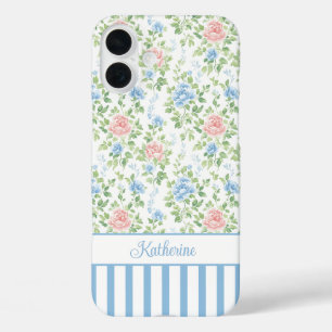 Blozende blauwe waterverf bloemige monogram iPhone 16 plus hoesje