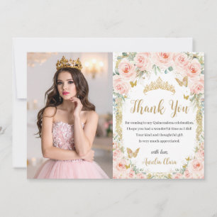 Blozende bloem gouden Quinceañera Sweet 16 Foto Bedankkaart