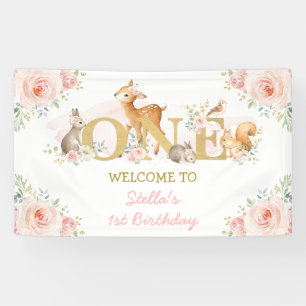 Blozende bloemen bosdieren 1e verjaardag welkom spandoek