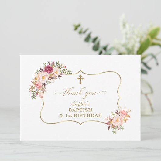 Blozende Bloemen Gouden Meisje 1e Verjaardag Doopf Bedankkaart (Staand voorkant)