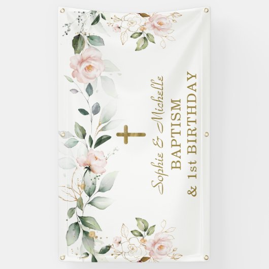 Blozende bloemen groen gouden verlaat doop welkoms spandoek (Verticaal)