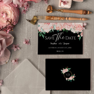 Blozende Bloemen Zwarte Trouw Plat Opslagkaartje Save The Date