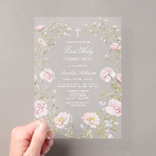 Blozende bloemenkader Eerste Heilige Communie Acryl Uitnodigingen