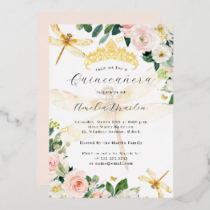 Blozende bloemige gouden libelle Quinceanera Folie Uitnodiging
