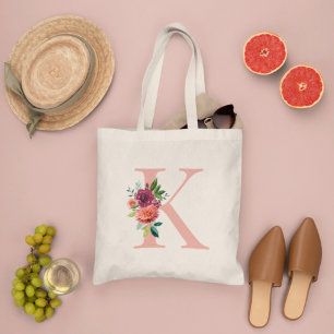 Blozende bordeauxrode bloemige monogram initiaal tote bag