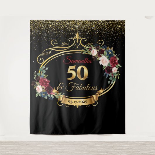 Blozende bordeauxrode en marineblauwe bloemige ver wandkleed (Voorkant)