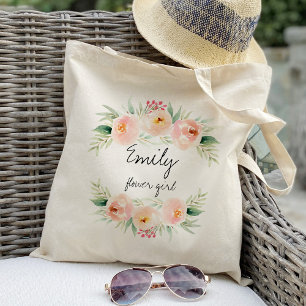 blozende en perzikroze bloemige bloemenmeisgunstel tote bag