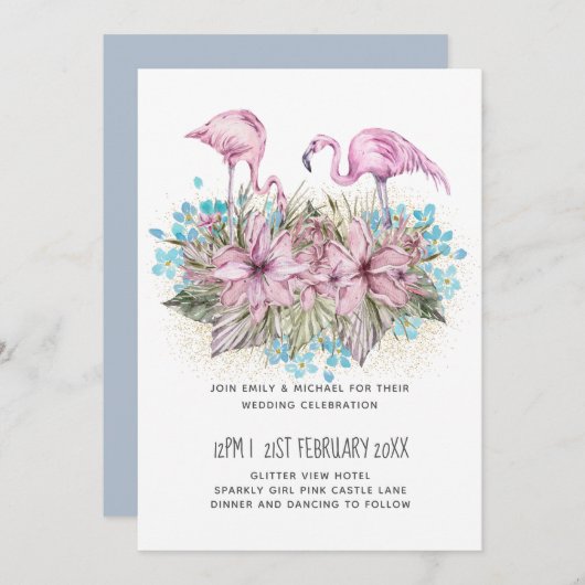 Blozende Flamingo's Tropisch Strand Huwelijk Kaart (Voorkant / Achterkant)