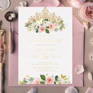 Blozende Gouden Bloem Vlinder Tiara Quinceanera 15 Folie Uitnodiging