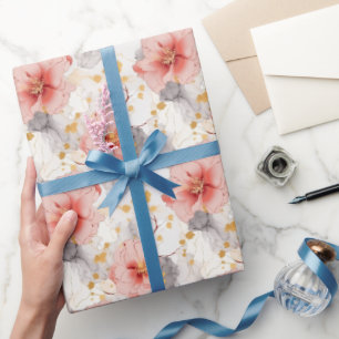 Blozende Koraal Grijs Bloemige Bruiloft Cadeaupapier