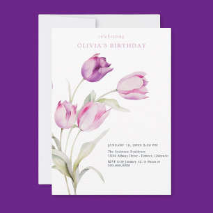 Blozende lila paarse bloemige waterverf tulpen kaart
