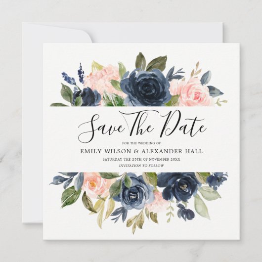 Blozende & Marine Waterverf Bloemen Bruiloft Save The Date (Voorkant)