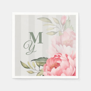 Blozende Pioen Trouw Monogram   Chic Bloemig Papie Servet
