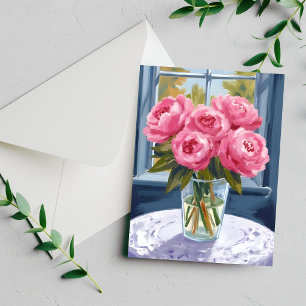 Blozende Pioenboeket Roze Bloem Schilderij Kaart
