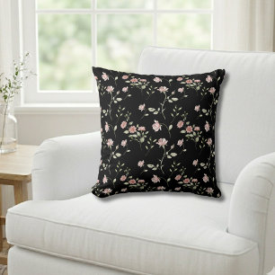 Blozende Roze Aquarel Bloemendecor Zwart Kussen