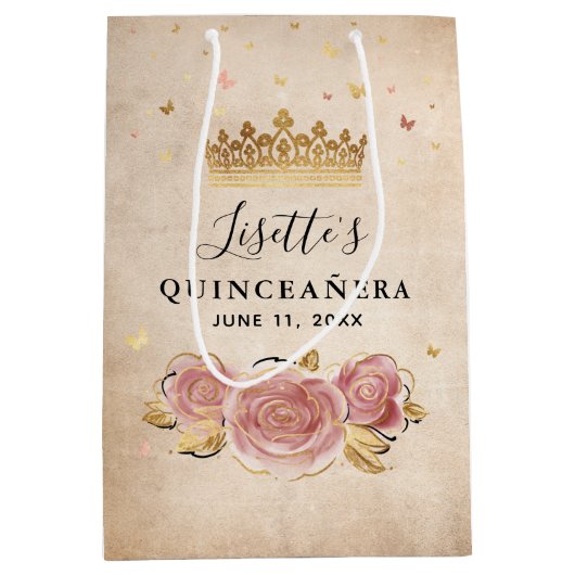 Blozende Roze Aquarel Roos Gouden Quinceanera Medium Cadeauzakje (Voorkant)