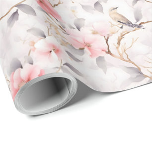 Blozende Roze Aziatische Bloemige Vogel Cadeaupapier