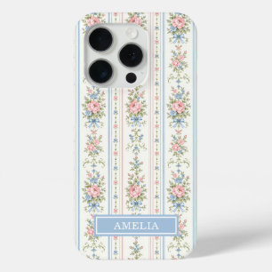 Blozende Roze Blauwe Waterverf Bloem Strepen iPhone 15 Pro Case