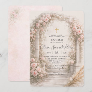 Blozende Roze Bloem Tuin Tarwe Doop Christening Kaart