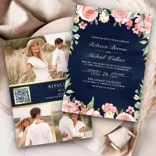 Blozende Roze Bloemen Foto QR Code Marineblauw Tro Kaart