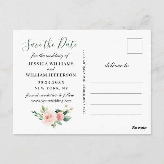 Blozende Roze Bloemen Groene Huwelijksaankondiging Briefkaart (Achterkant)